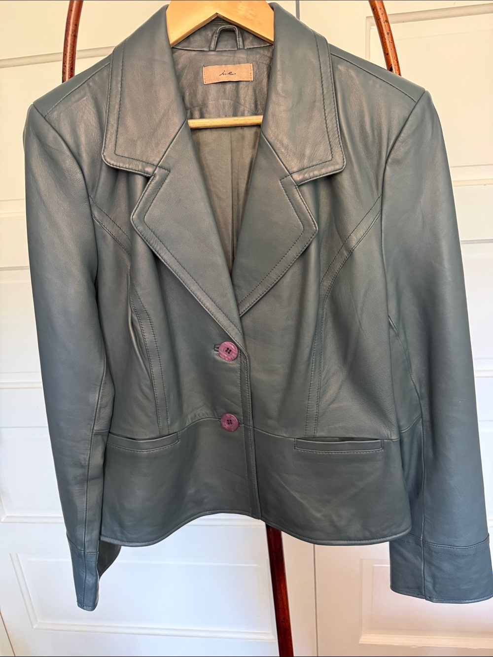 100% Leather Blazer Forest Green Fitted Statement Jacket Pink Buttons XL